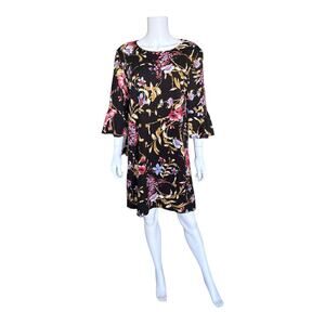 Artizan Ronin Barre Dress Womens Size XL Black Floral Bell Sleeve Shift Stretch